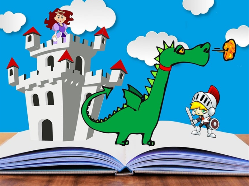 tegning af drage og slot som kommer op fra en bog